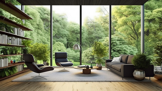风景房屋背景图片_当代室内生活空间，透过窗户 3D 渲染可欣赏风景优美的绿色景观