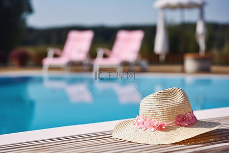 泳池边的桌子上放着一顶草帽