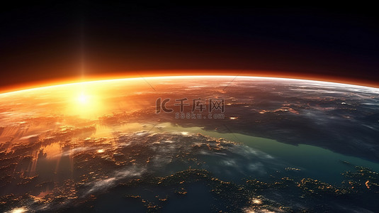 地球的 3D 渲染与地平线上发光的日出
