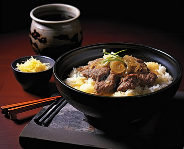 米饭拌饭料背景图片_桌子上放着一碗米饭和肉