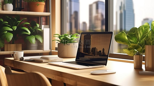 木桌上的工作区灵感笔记本电脑配有装饰和 3D 渲染中模糊的办公室背景