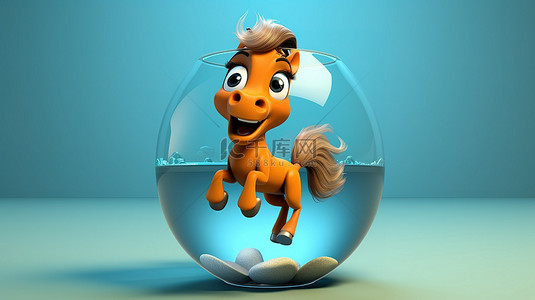 动物马人物背景图片_抓着鱼缸的搞笑 3D 马吉祥物