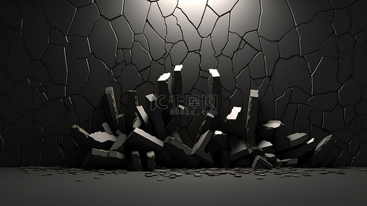 墙裂开背景图片_带有水平缺口的黑墙的裂开 3D 插图