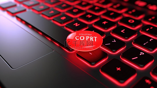红色文案背景图片_带有红色内容按钮的工作概念笔记本电脑键盘的 3D 渲染