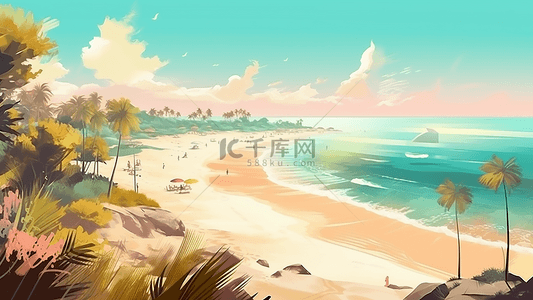 蓝色绿植背景图片_旅游海滩海边插画