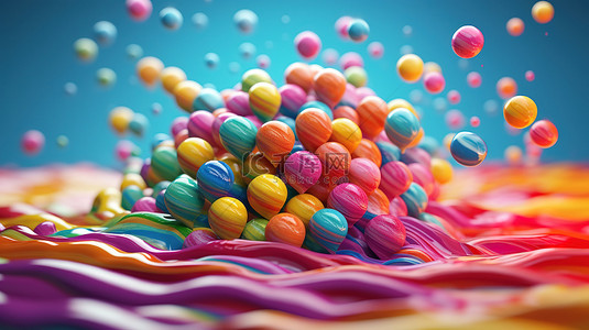 带有彩虹涂层的彩色糖果在空气中层叠的 3D 插图