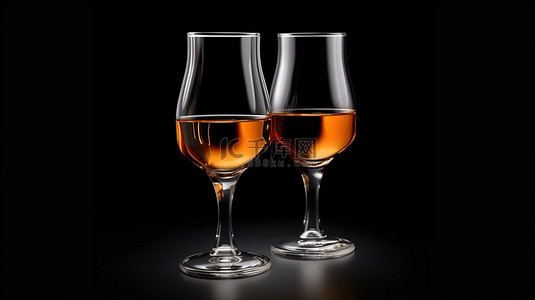 黑色背景上两杯葡萄酒的真实 3D 插图，非常适合享受烈酒