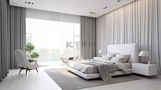 现代奢华风格白色卧室室内样机的 3D 渲染