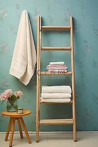 浴室里有一个带毛巾的梯子