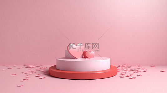 情人节产品展示台，带有粉色和白色背景 3D 渲染