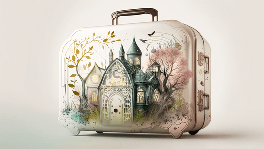 拿行李的女孩背景图片_旅游行李箱梦幻城堡背景