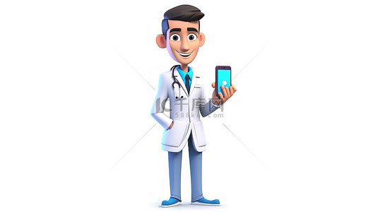 一位男医生在智能手机屏幕上拿着一块大蓝色平板电脑的卡通风格 3D 插图