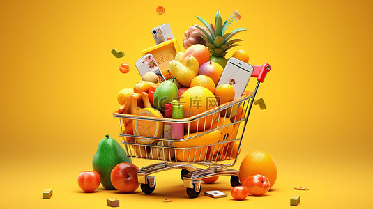 超市生鲜标签贴背景图片_用于在线购物的超市送货应用程序的 3D 渲染