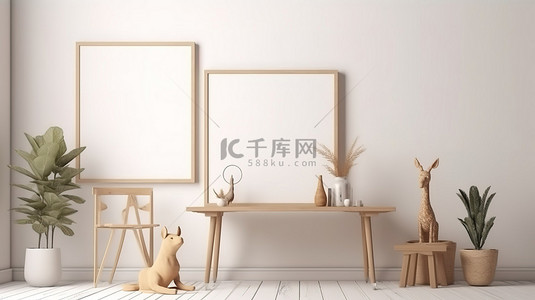 白鹿背景图片_3d 渲染画框模型在一个房间里有一张木鹿桌和室内植物