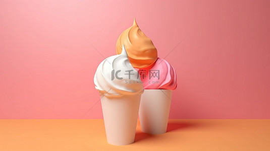 简约粉色和橙色背景中的抽象白色冰淇淋 3d 渲染
