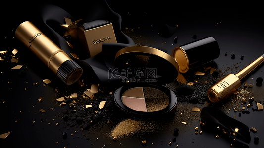 美容创意广告背景图片_彩妆化妆品美容工具套组黑金风格广告背景