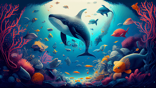 蓝色水下世界背景图片_海洋世界红色珊瑚背景