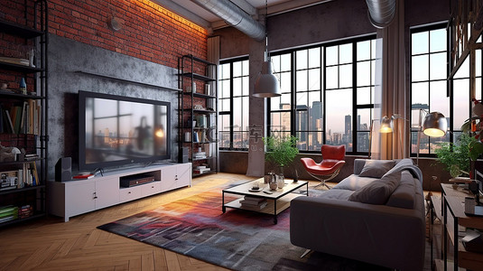 阁楼式公寓的 3D 渲染，配有第二层电视休息区和舒适的座椅
