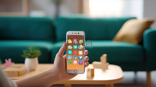 手机展示背景图片_可爱的手在智能手机上展示 Whatsapp 图标，描绘现代客厅概念 3D 渲染