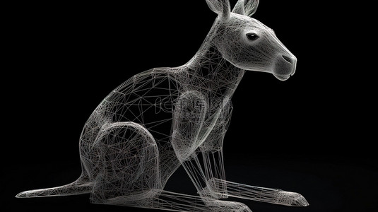 袋鼠logo背景图片_多边形线框袋鼠的黑色隔离 3D 渲染