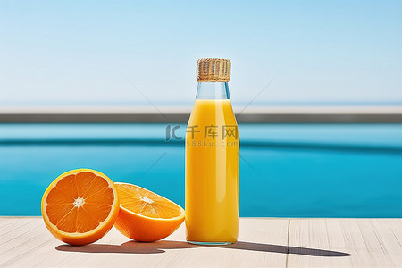 柠檬橙汁小清新背景图片_otz f040橙汁黄色玻璃瓶旁边的橙子