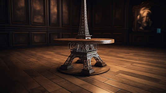 木桌上展示着 3D 渲染的埃菲尔铁塔雕像