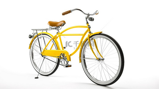 白色背景突出了 3D 渲染的黄色自行车