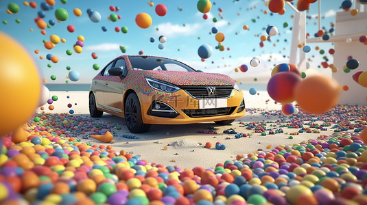 汽车和冲浪板周围彩色球的海滨奇观 3D 渲染