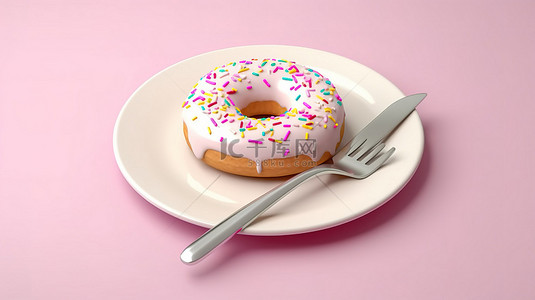 自上而下的视图，盘子里有一个巨大的白巧克力釉面甜甜圈，周围是叉子和刀子，在粉红色背景 3D 渲染上点缀着彩色洒水