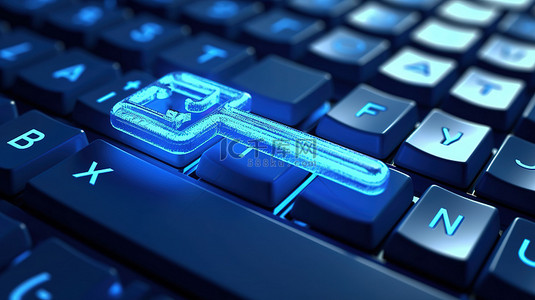 3d 渲染白色电脑键盘上蓝色披萨键的极端特写