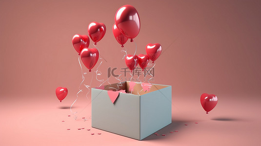 情人节概念心形气球将 3D 渲染的礼品盒升到空中
