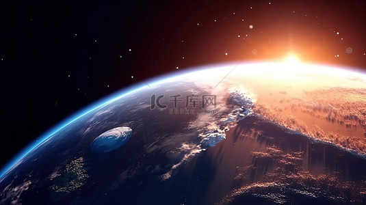 蓝色科幻地球背景图片_蓝色星球黎明时分从太空对地球的 3D 渲染