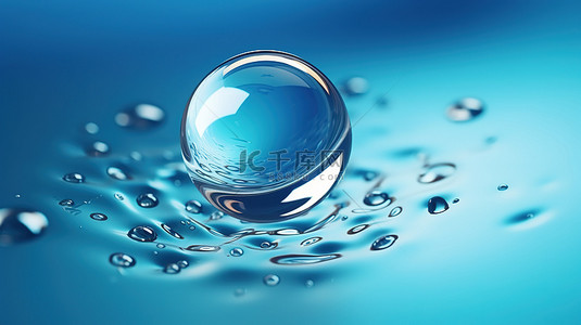 空投背景图片_蓝色玻璃上水滴的水生美 3D 渲染，带有气泡细节