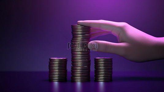 紫色财富背景图片_在充满活力的紫色背景上，用一只 3d 手拿着一叠硬币堆叠财富