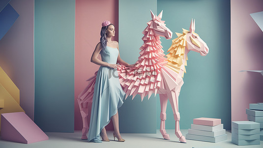 连衣裙女人背景图片_由女模特装饰的独角兽 3D 纸工艺连衣裙