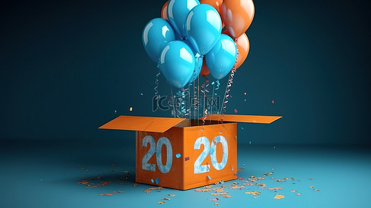 生日快乐礼物盒背景图片_3d 渲染一盒惊喜和一个气球来庆祝您的 20 岁生日