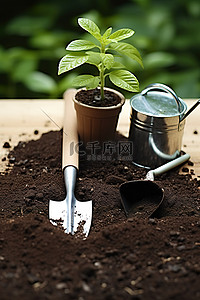 水和土壤背景图片_在花园里种植土壤工具和水