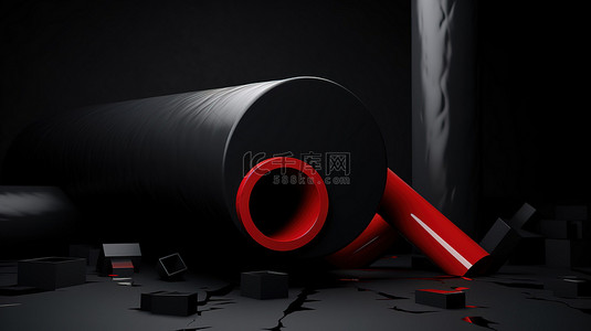 带有管道元素和红色感叹号图标的黑色抽象背景的 3D 渲染