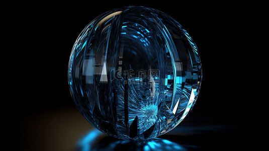 闪闪发光的蓝色水晶球，在深色背景上带有辐射线抽象 3D 插图