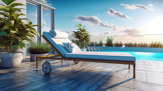 避暑旅游背景图片_屋顶休息区的 3D 渲染，配有令人惊叹的游泳池和室外露台