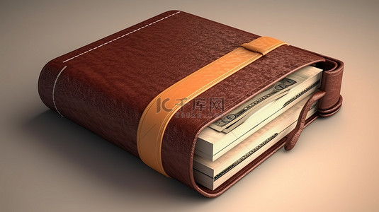 3D 渲染一个棕色钱包的插图，里面有描述金融交易的钱
