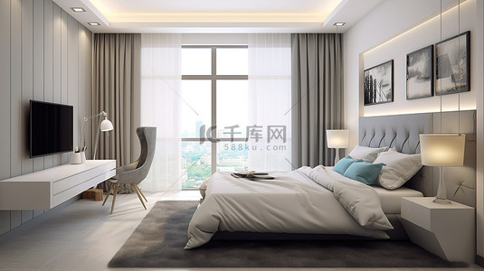 卧室设计的 3D 插图，配有电视柜洗脸盆和床上的白色毯子