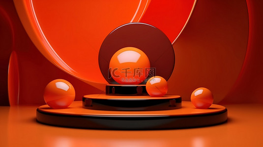 橙色样机背景图片_霓虹橙色豪华 3D 讲台，配有金色线条和彩色大理石，用于产品展示