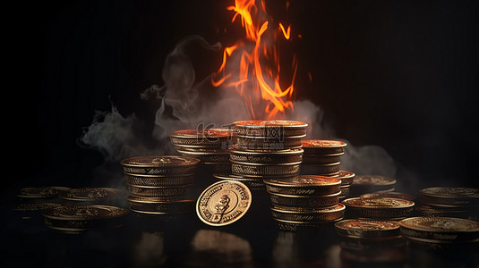 黑色背景上燃烧的俄罗斯卢布硬币的 3D 渲染，象征着货币贬值和通货膨胀