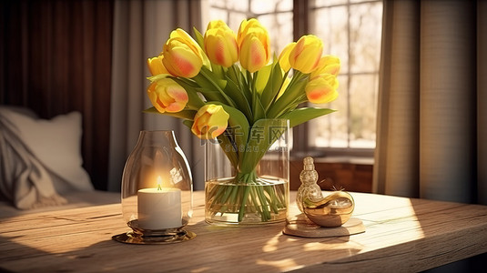 家庭海报背景背景图片_室内空间一瓶郁金香金色蜡烛和柠檬水在质朴的桌子上 3D 渲染