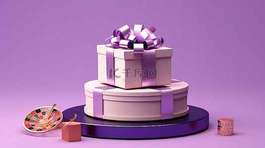 命运背景图片_在线赌场中的礼品盒和 3D 轮盘赌轮，背景为紫色背景，粉红色米色和白色的色调