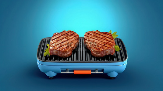 铁板烧鱿鱼背景图片_充满活力的蓝色烤架上的铁板牛排令人惊叹的 3D 渲染