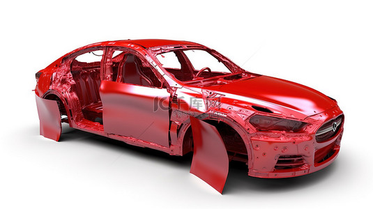 一辆概念车的 3D 插图，其车身为红色，背景为白色底漆部件