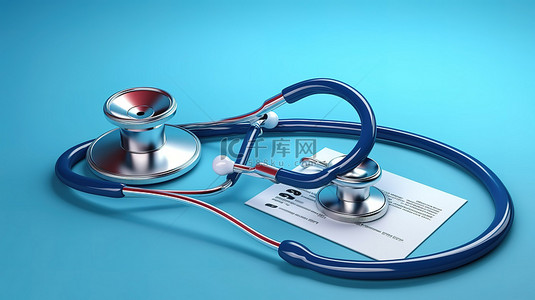 蓝色背景上听诊器的 3D 渲染，表示健康保险医疗卡概念