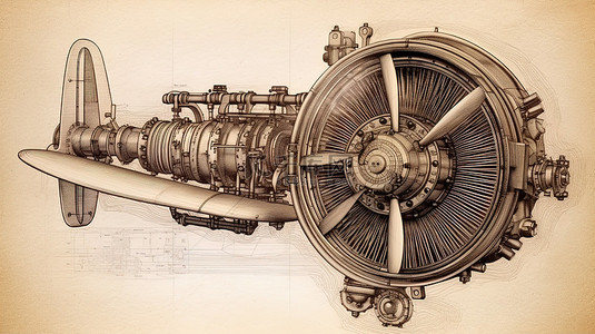 螺旋桨背景图片_带螺旋桨的老式圆形旋转飞机发动机的手绘 3D 渲染